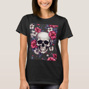 Camiseta Crânio Com Flores Vermelhas