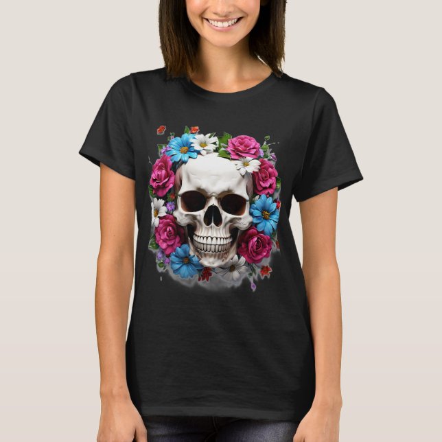 Camiseta Crânio com Flores Vermelhas e Azuis (Frente)