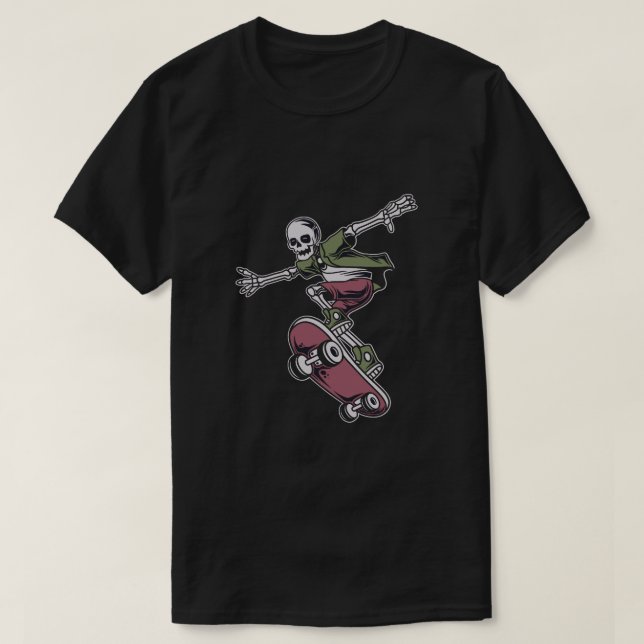 Camiseta crânio com ilustração de skate de posição voadora (Frente do Design)