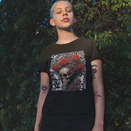 Camiseta Crânio Com Rosas De Cabelo Selvagem Em Folhas De V