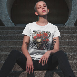 Camiseta Crânio Com Rosas De Cabelo Selvagem Em Folhas De V