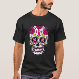 Camiseta Crânio Crânio Fita Rosa Fita Calavera Cancer Awa