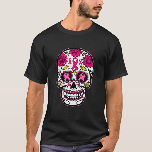 Camiseta Crânio Crânio Fita Rosa Fita Calavera Cancer Awa (Frente)