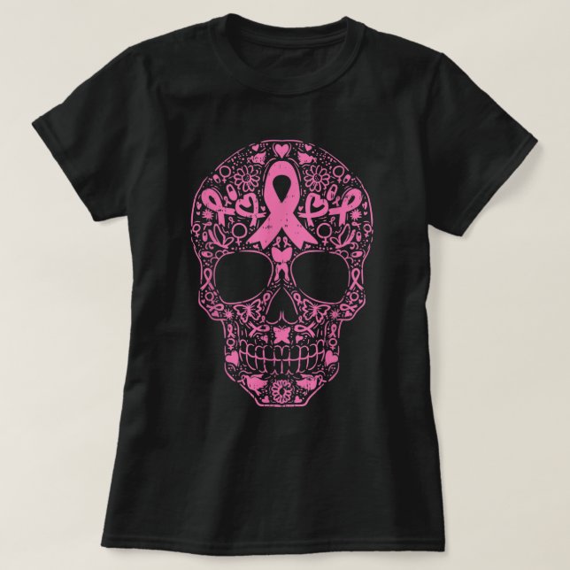 Camiseta Crânio Crânio Fita Rosa Fita Calavera Cancer Awa (Frente do Design)