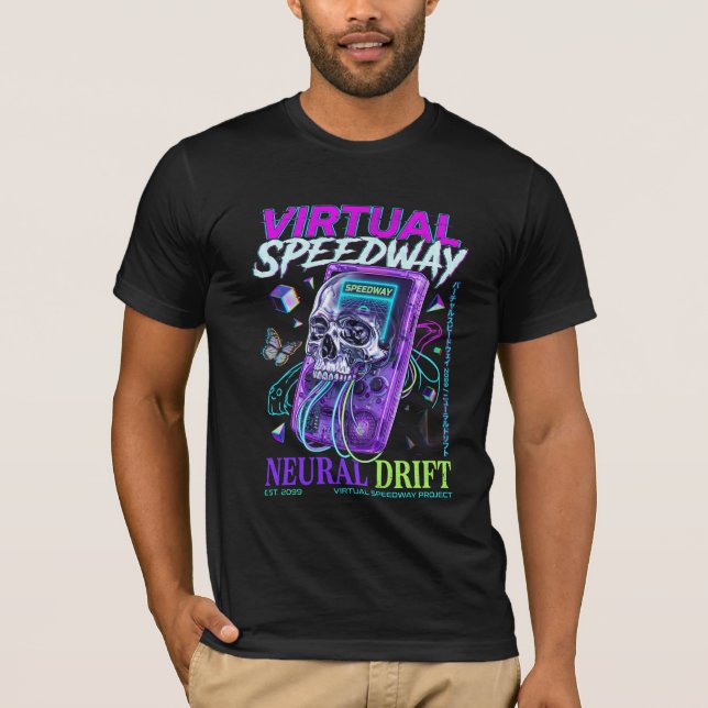 Camiseta Crânio Cyberpunk Virtual Speedway Synthwa (Frente)