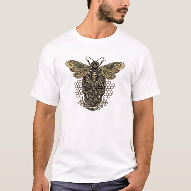 Camiseta Crânio de Abelha Gótica - Abelha com Ouro Ornament (Frente)