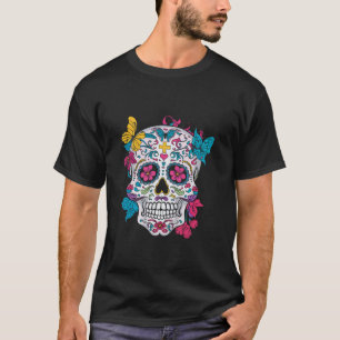 Camiseta Crânio de Açúcar Arte Colorida Borboleta Floral Cr