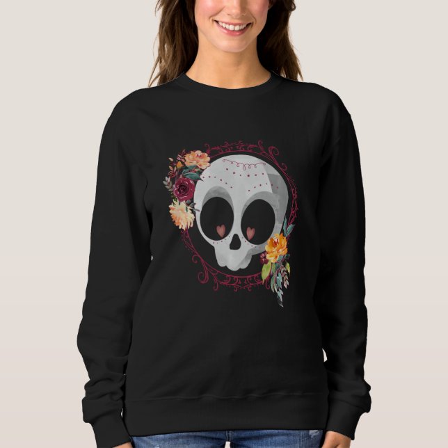 Camiseta Crânio de açúcar branco com Rosas e flores (Frente)