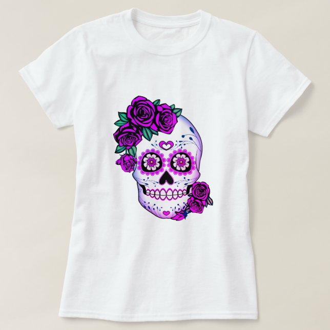 Camiseta Crânio de Açúcar com Rosas (Frente do Design)