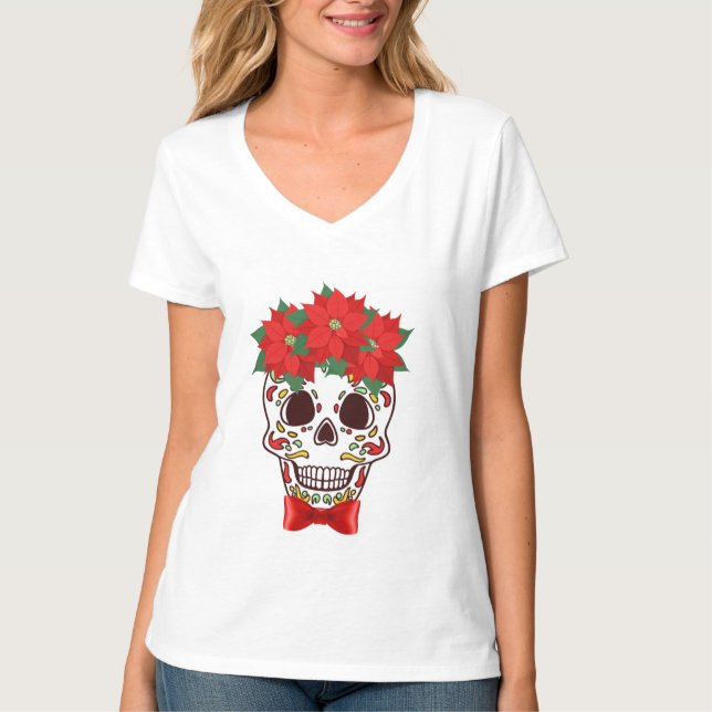 Camiseta Crânio de Açúcar de Natal com Poinsettias (Frente)