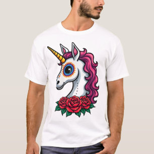 Camiseta Cranio de Açúcar de Unicórnio Arte Mexicana, Camis