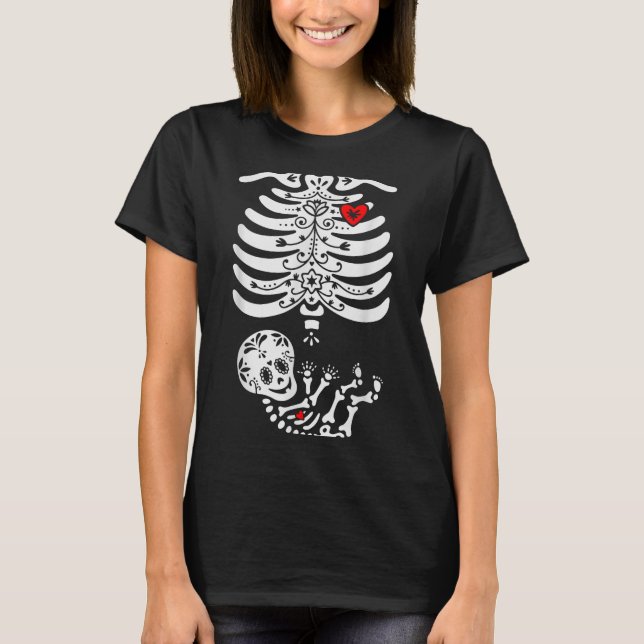 Camiseta Crânio de Açúcar Esqueleto Anúncio de Gravidez de  (Frente)