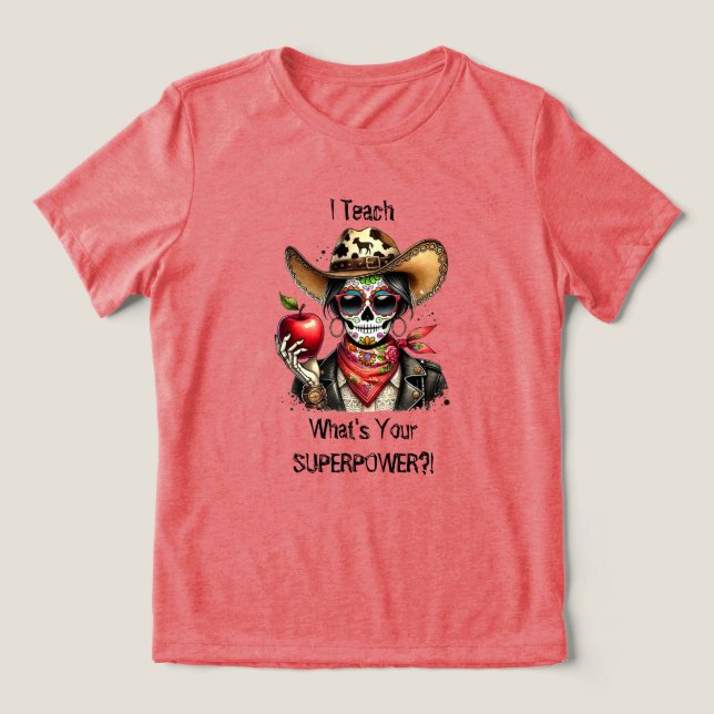 Camiseta Crânio de Açúcar Eu Ensino Qual é a sua superpotên (Design frontal)