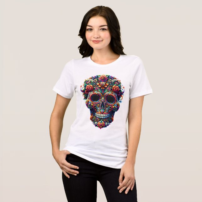 Camiseta Crânio de Açúcar Floral Vibrante (Frente Completa)