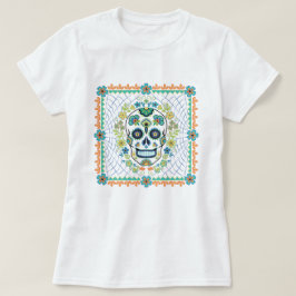 Camiseta Crânio de Açúcar Mexicano com flores de Aqua