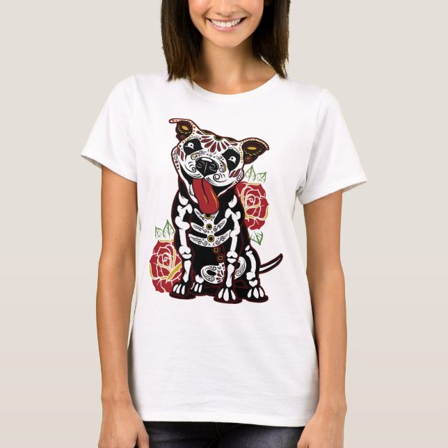 Camiseta Crânio de Açúcar Pitbull para Mulheres Pitbull Pai (Frente)