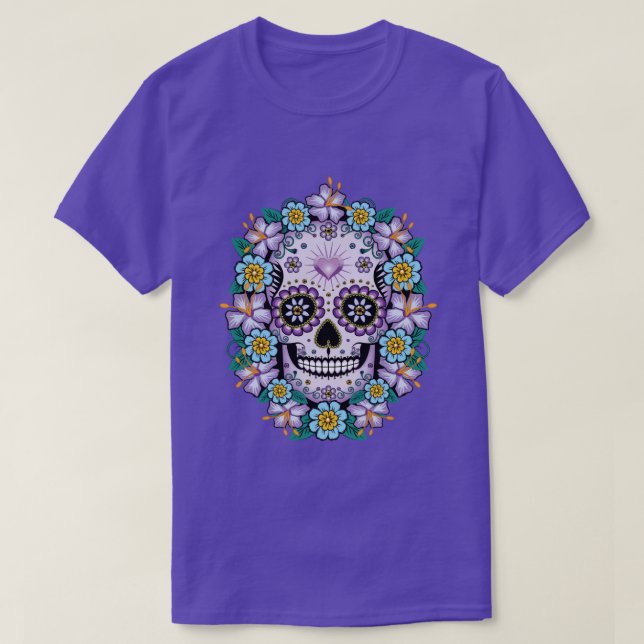 Camiseta Crânio de Açúcar Roxo com Flores (Frente do Design)