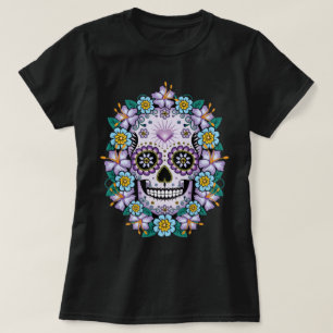 Camiseta Crânio de Açúcar Roxo com Flores