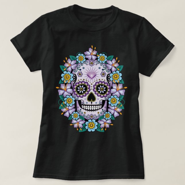 Camiseta Crânio de Açúcar Roxo com Flores (Frente do Design)