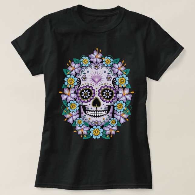 Camiseta Crânio de Açúcar Roxo com Flores (Frente do Design)