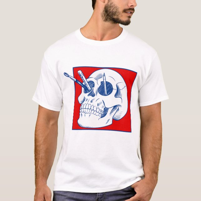 Camiseta Crânio de artista com lápis e pincéis (Frente)