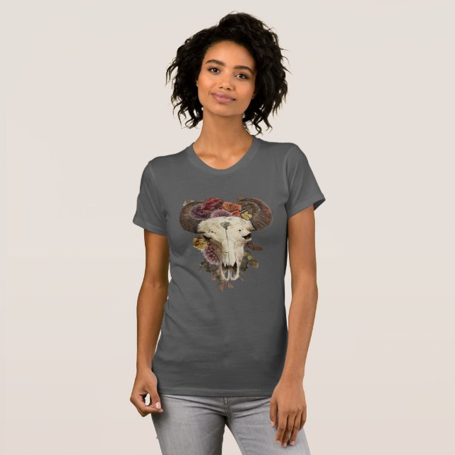 Camiseta Crânio de Búfalo Floral Vaqueira (Frente Completa)