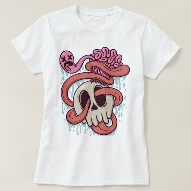 Camiseta Crânio de desenho animado com cérebro e língua (Frente do Design)