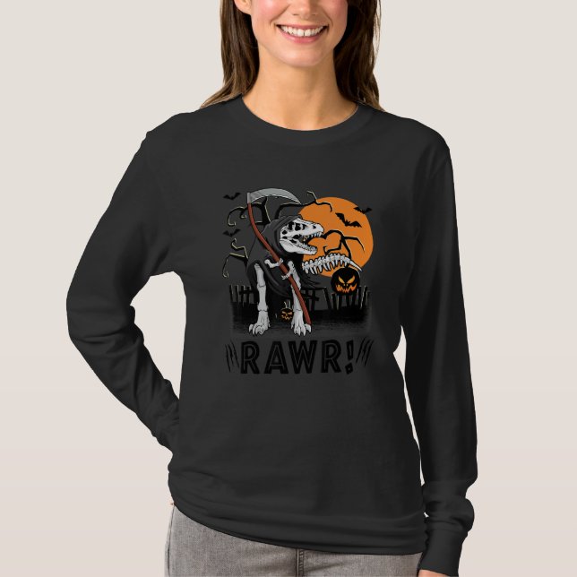 Camiseta Crânio de Dinossauro Rawr Halloween Rex Lua Abóbor (Frente)