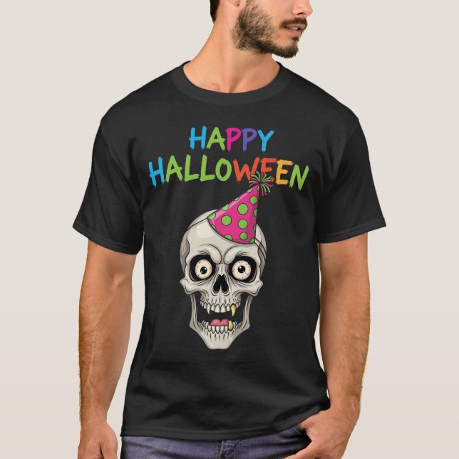 Camiseta Crânio de Festa Engraçado com Chapéu de Festa (Frente)