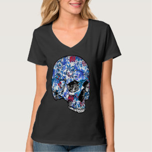 Camiseta Crânio de Flor Azul com Patente Floral