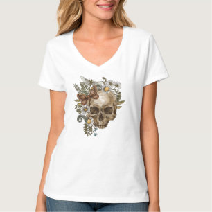 Camiseta crânio de flor gótica vintage e borboletas