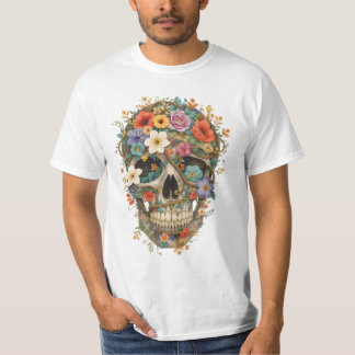 Camiseta Crânio de flores e de vinhas