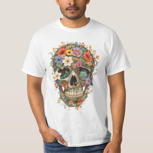 Camiseta Crânio de flores e de vinhas (Frente)