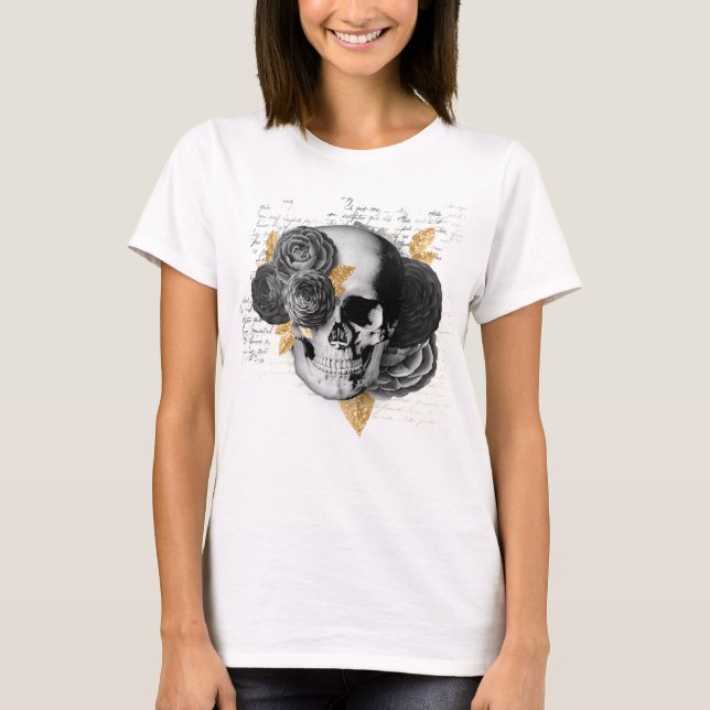 Camiseta Crânio de flores, folhagem dourada esguicho (Frente)