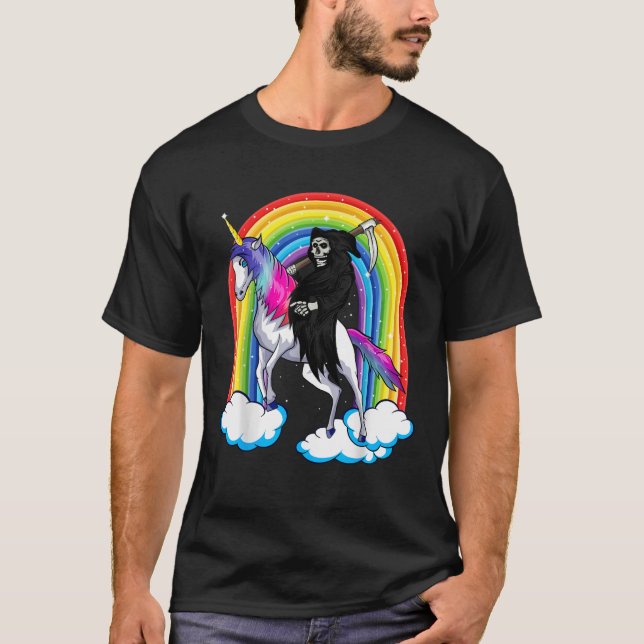 Camiseta Crânio De Grim Reaper Dirigindo Um Unicórnio Da Mo (Frente)