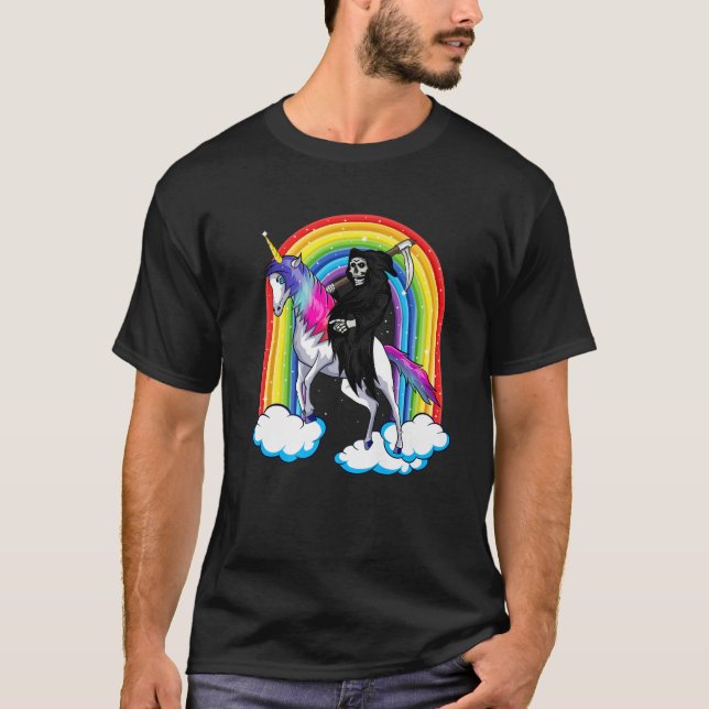 Camiseta Crânio De Grim Reaper Dirigindo Um Unicórnio, Unic (Frente)