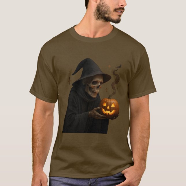Camiseta Crânio de Halloween místico com 🎃 de abóbora bril (Frente)