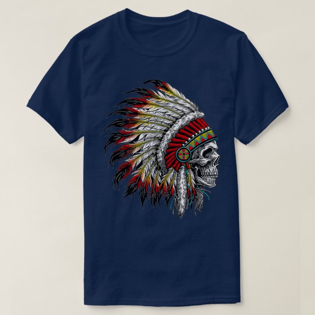 Camiseta Crânio de Headdress Americano Nativo  (Frente do Design)