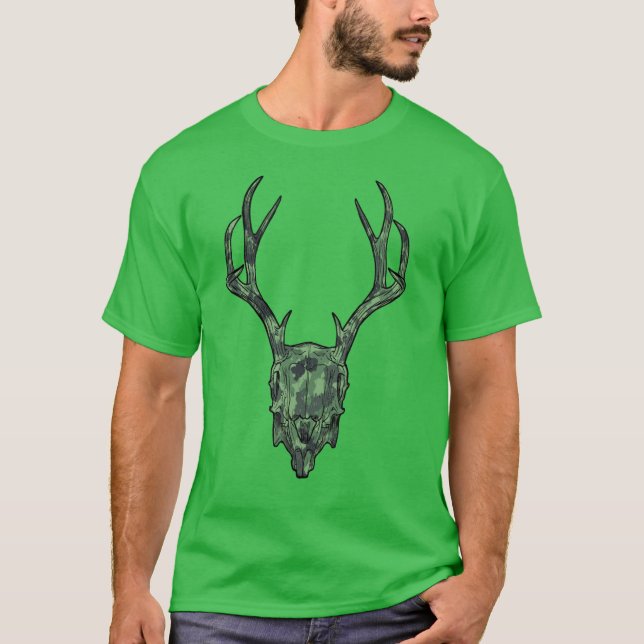 Camiseta Crânio de Jackalope Montado Europeu Camuflado Verd (Frente)