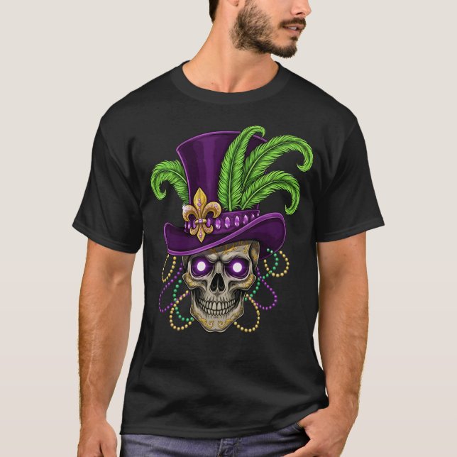 Camiseta Crânio de Mardi Gras com Cartola Roxa (Frente)
