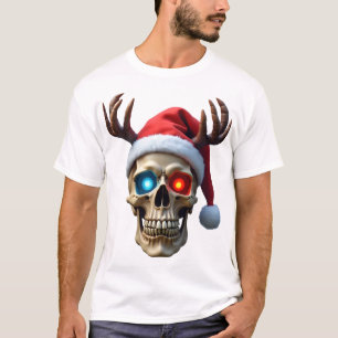 Camiseta Crânio de Natal com Chapéu de Papai Noel e Galhada