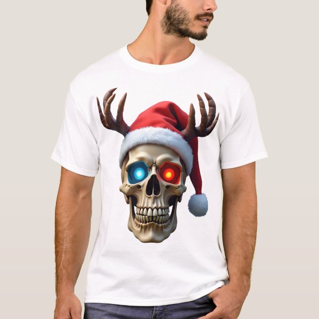 Camiseta Crânio de Natal com Chapéu de Papai Noel e Galhada (Frente)