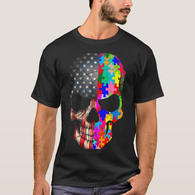 Camiseta Crânio de Peças de Puzzle de Conscientização do Au (Frente)