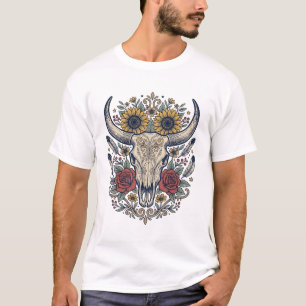Camiseta Crânio de Touro Floral Vintage Ocidental