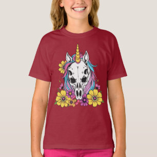 Camiseta Crânio de Unicórnio Flores Pastel Goth Soft Grunge
