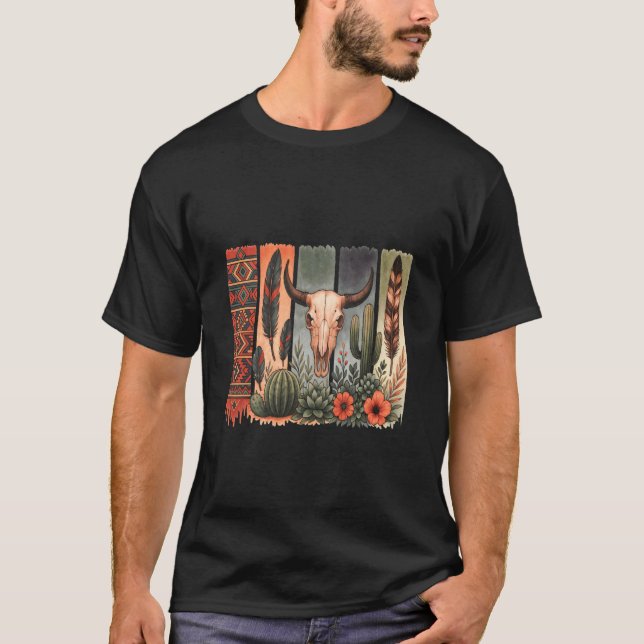Camiseta Crânio de Vaca com Penas Nativos Americanos (Frente)