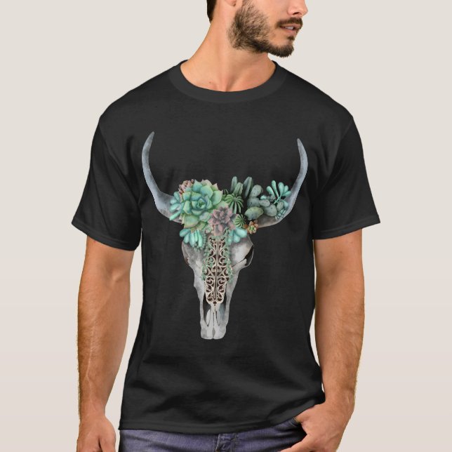 Camiseta Crânio De Vaca E Sucultos De Coroa Plantam E Folha (Frente)