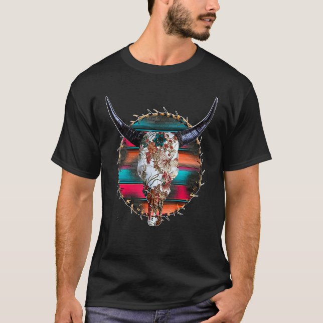Camiseta Crânio de Vaca Ocidental Serape de Couro de Vaca L (Frente)