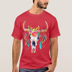 Camiseta Crânio De Vaca Para Mulheres Flores De Açúcar Rosa