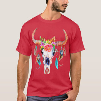 Camiseta Crânio De Vaca Para Mulheres Flores De Açúcar Rosa